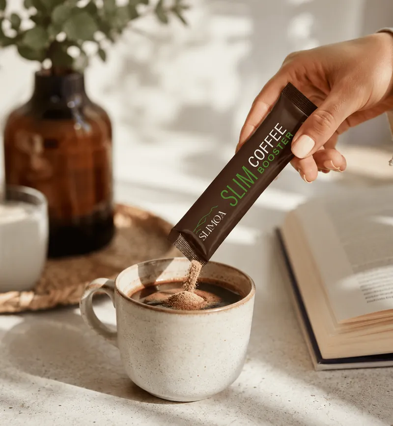 Slimqa Stick wird in eine Tasse Kaffee gegeben